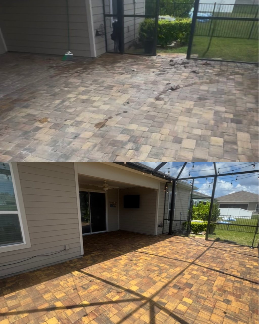 Before and after cleaning a stained screened-in paver patio at a Northeast Florida home by Pro Vets Pressure Washing